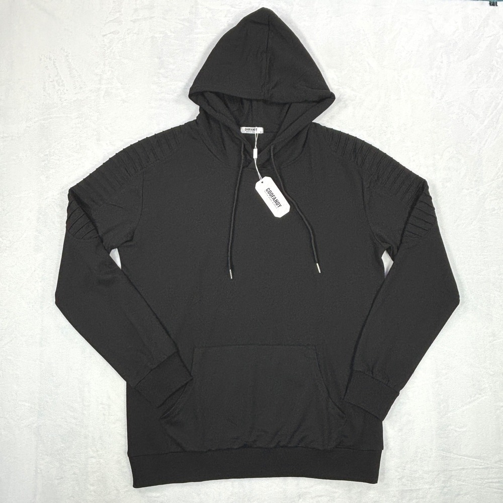 Coofandy Mens Moto Hoodie Pullover Black Ribbed Shoulder Sweatshirt Size M NEW